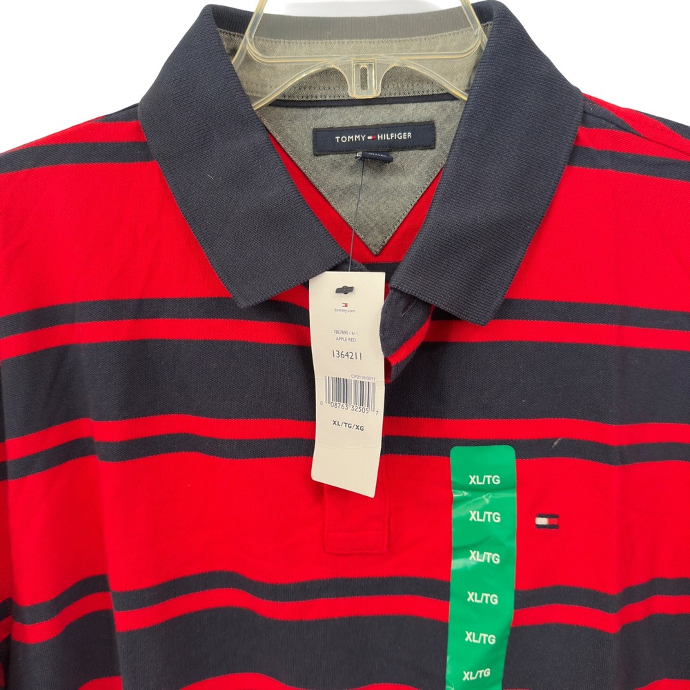 Tommy Hilfiger Polo Shirt Red Navy Blue Striped Cotton Pique Mens XL NWT